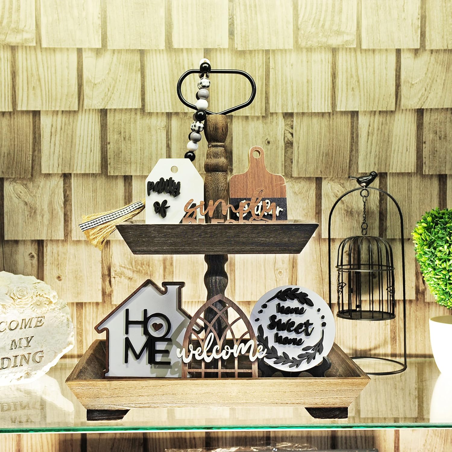 8 Pieces Farmhouse Tiered Tray Decor Set – Wooden Rustic Home Tier Tray Decorative Item for Sweet Home & Kitchen Table Party Decor