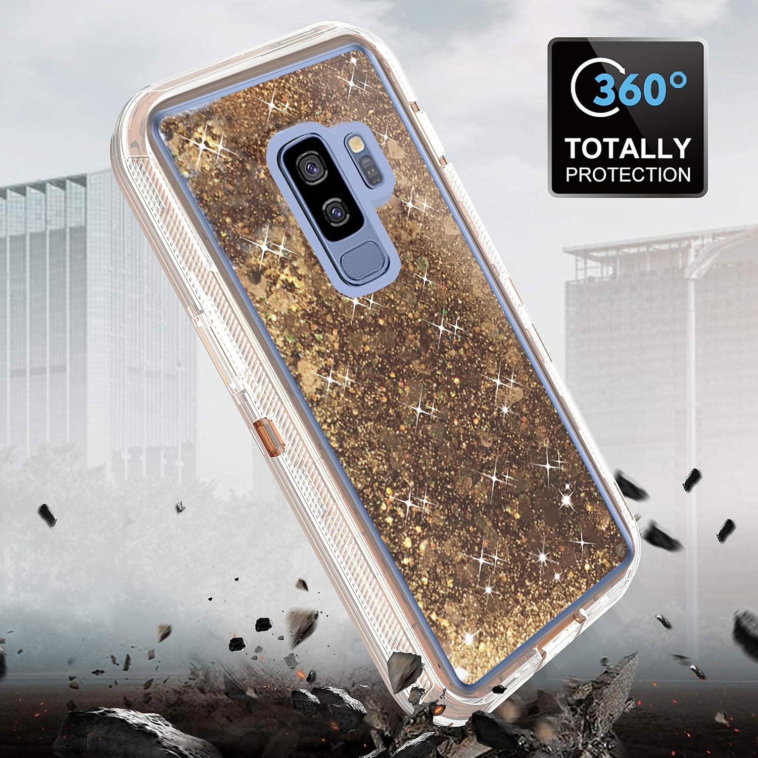 Asuwish Funda para teléfono Samsung Galaxy S9 Plus con protector de pantalla brillante líquida con purpurina transparente, híbrida, de grado