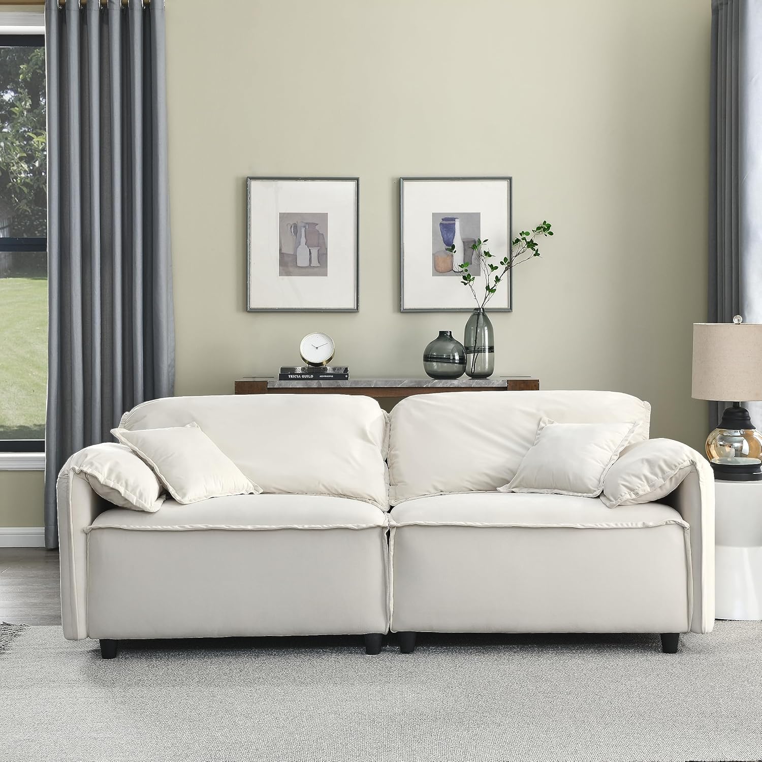 Sofá moderno tapizado de terciopelo con marco de madera maciza, sofá de 3 plazas, sofá de lujo para sala de estar, apartamento, oficina (beige)