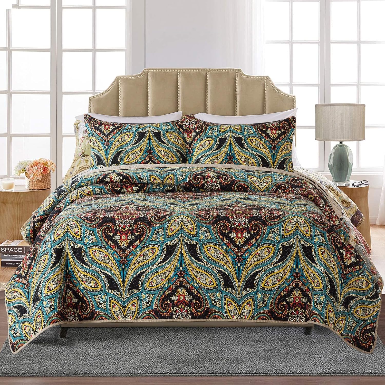 HoneiLife Juego de edredón tamaño individual  Colchas de algodón de 3 piezas con estampado de cachemira, colcha ligera, juego de ropa de cama cálida