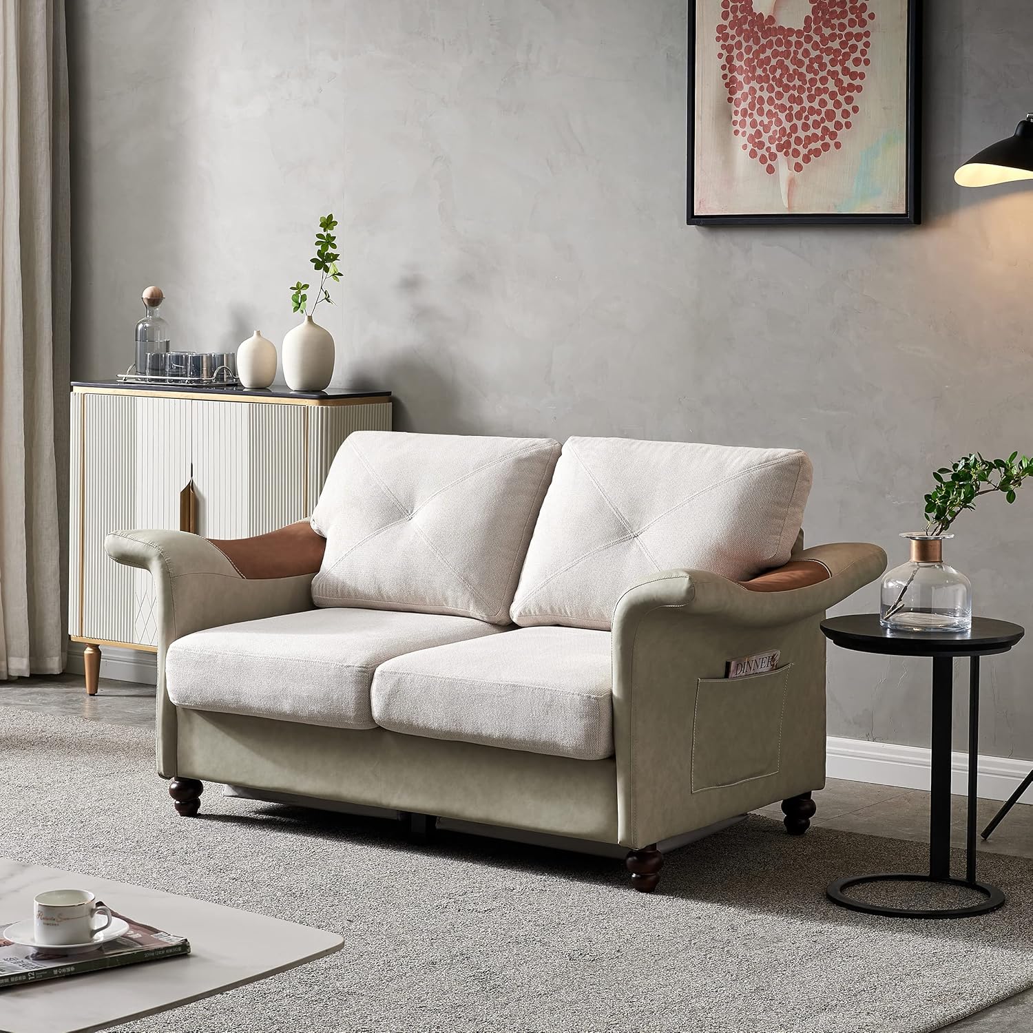 Harper & Bright Designs Sofá de 2 plazas con tela de lino, piel sintética, patas de madera maciza, sofá tapizado para 2 personas para sala de estar,