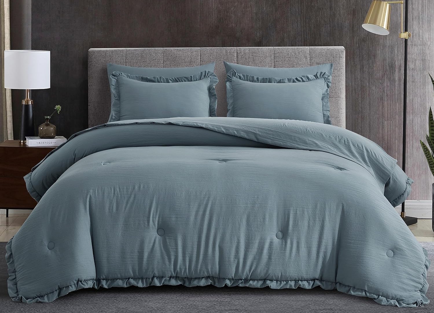 Chezmoi Collection Eleanora – Juego de cama Queen extragrande en una bolsa, 7 piezas con borde de volados, microfibra lavada a piedra con sábanas,