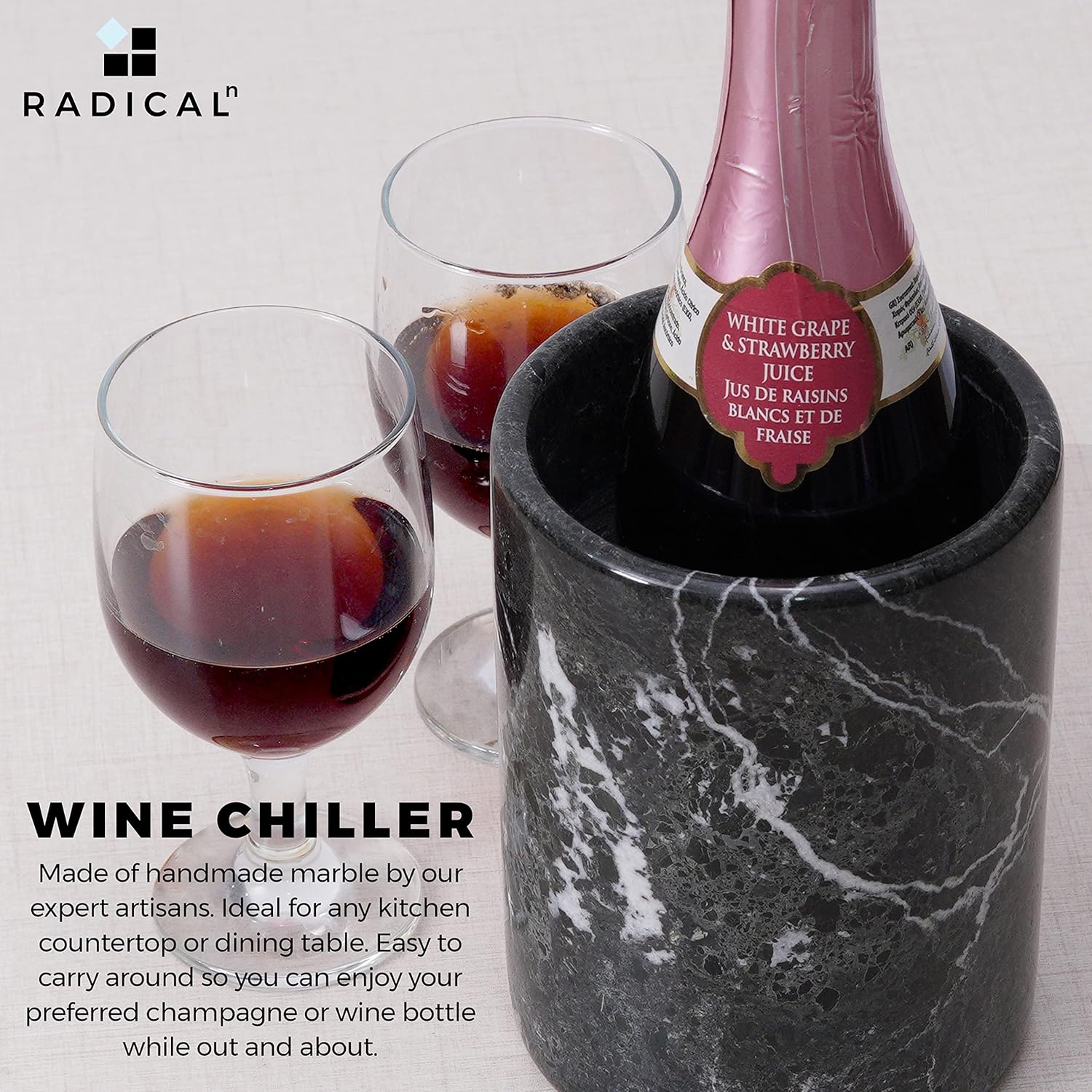 Radicaln Enfriador de vino de mármol de mesa negro de 5.5 x 6.5 pulgadas, hecho a mano, decoración alta y portátil para el hogar y la cocina,