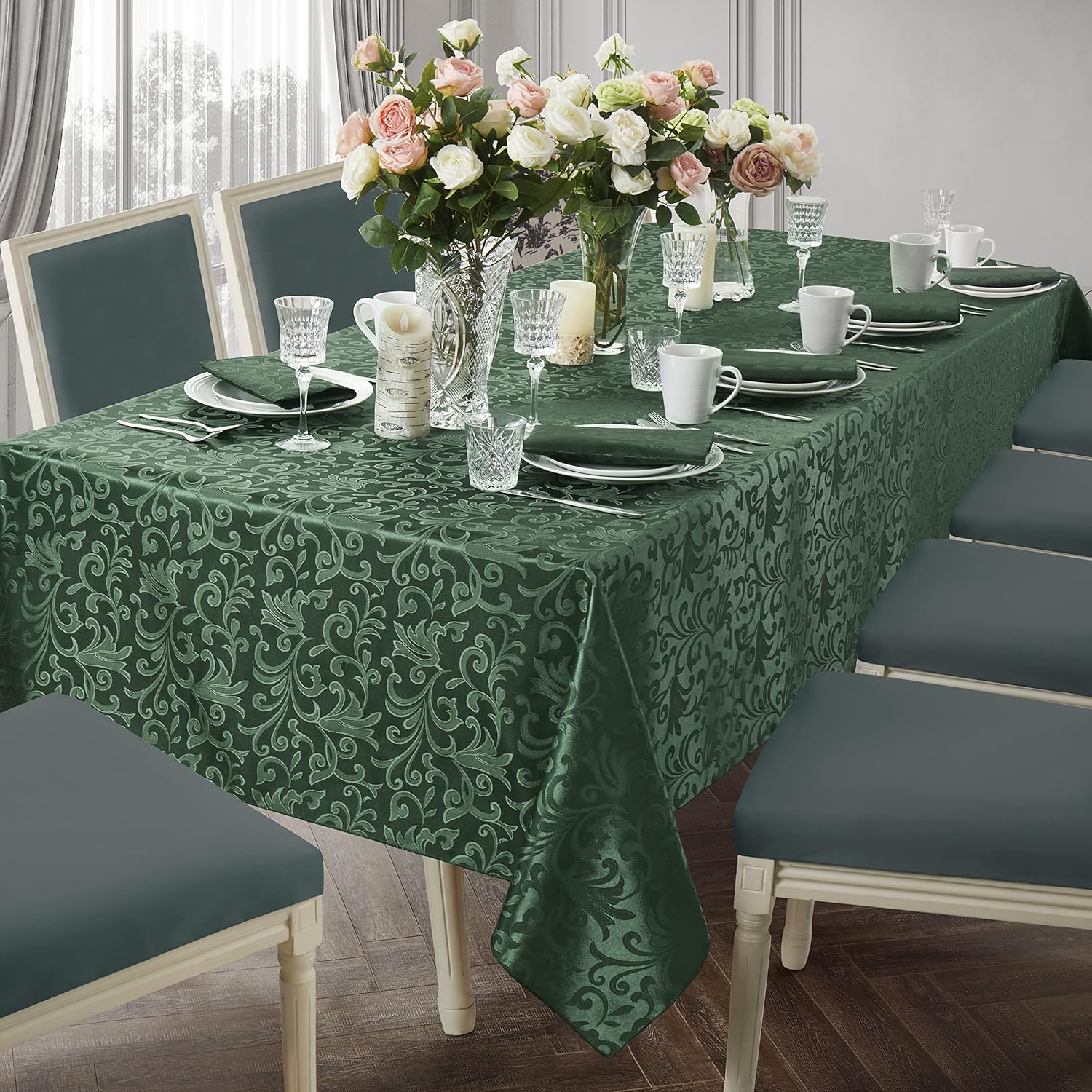 HommxJF Mantel rectangular de damasco de desplazamiento verde jacquard, 60 x 120 pulgadas, mantel lavable para mesa de comedor, fiestas de bufé y