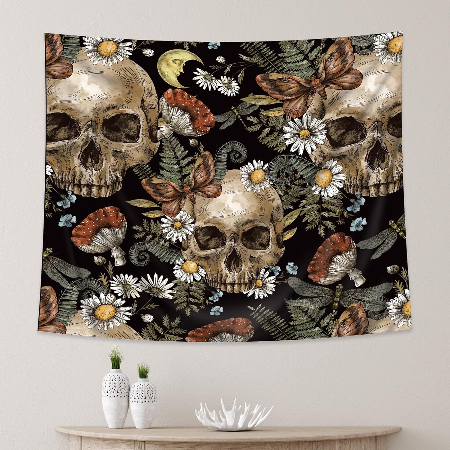AMBZEK Tapiz de calavera de azúcar, 51 pulgadas de alto x 59 pulgadas de ancho, esqueleto gótico gótico de Halloween, vintage, margarita, hojas