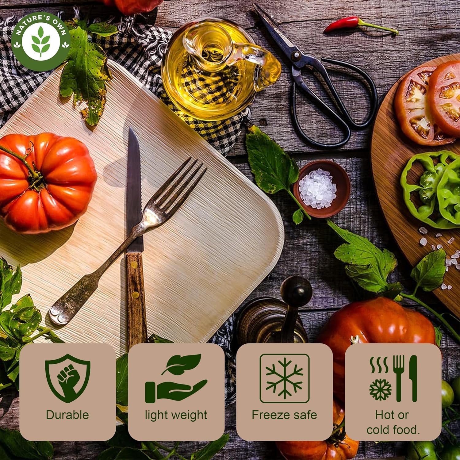 Nature’s Own Paquete de platos de hoja de palmera, 50 unidades (combo de 10 y 8 pulgadas)  Plato cuadrado desechable  Vajilla compostable, ecológica