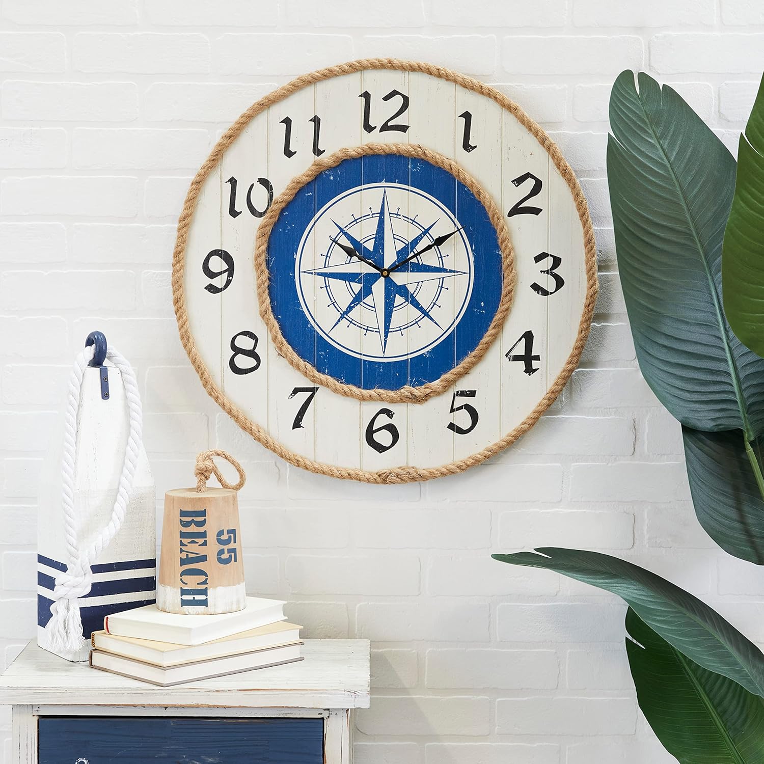 Deco 79 Reloj de pared con brújula de madera con detalles de cuerda, 24 x 2 x 24 pulgadas, azul