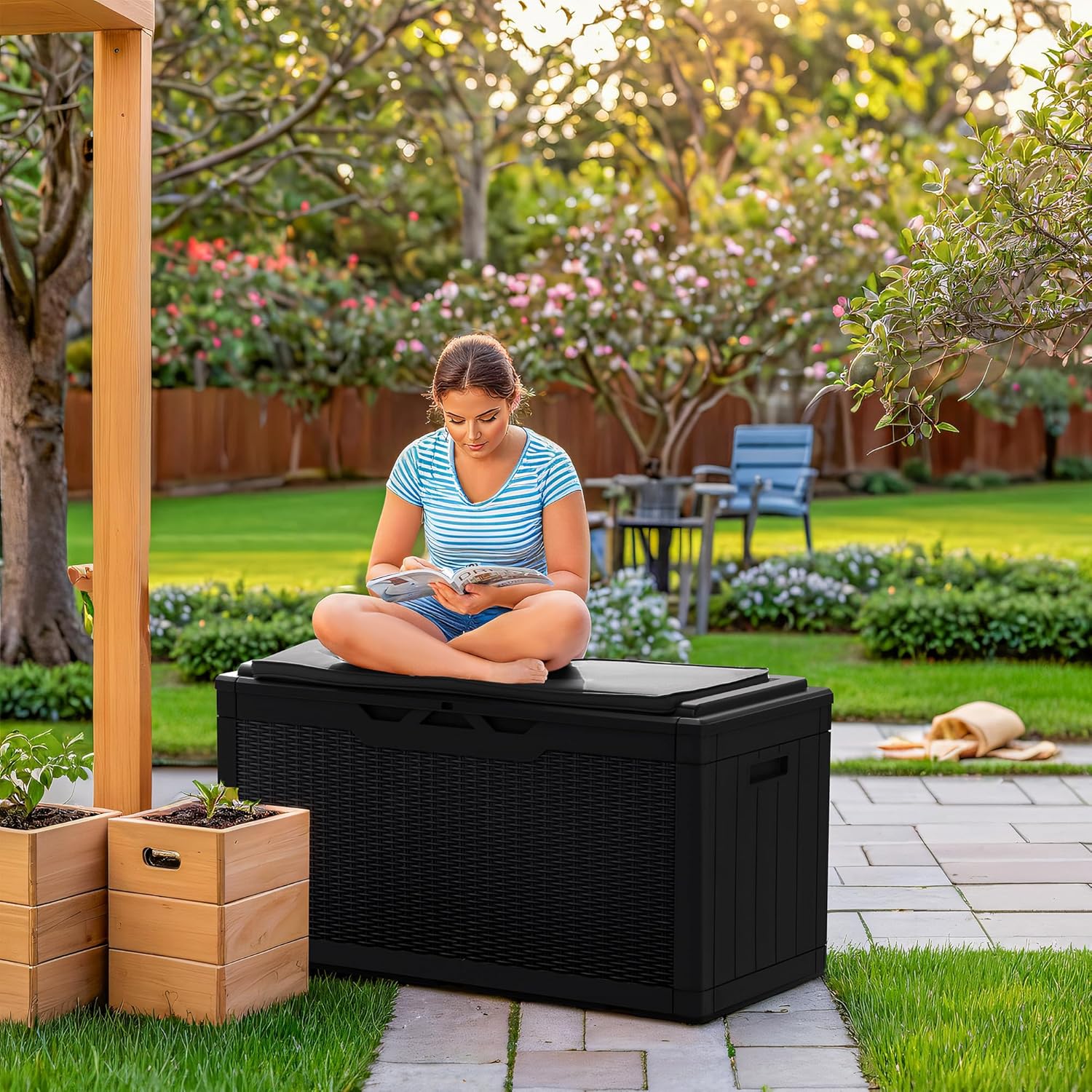 Greesum Caja de resina de 100 galones, cajas de almacenamiento grandes para exteriores con cojines para herramientas de jardín, almohadas para