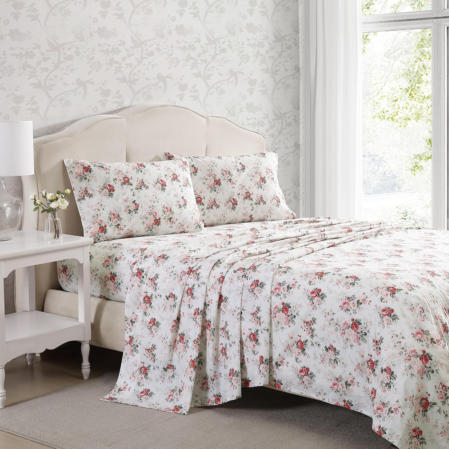Laura Ashley – Sábanas tamaño King, juego de ropa de cama de percal de algodón, ligeras y transpirables para decoración del hogar (rosa Ashfield,