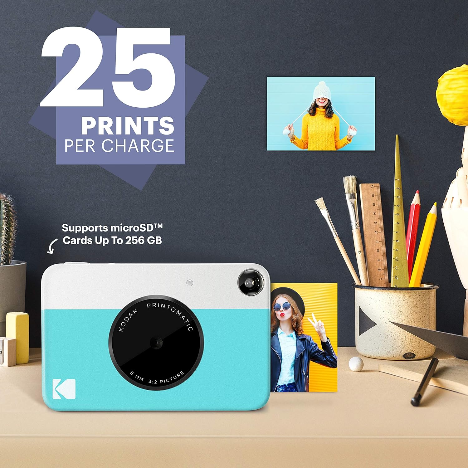Zink Kodak PRINTOMATIC Cámara digital de impresión instantánea (azul) con papel fotográfico Kodak de 2 pulgadas x 3 pulgadas (50 hojas)