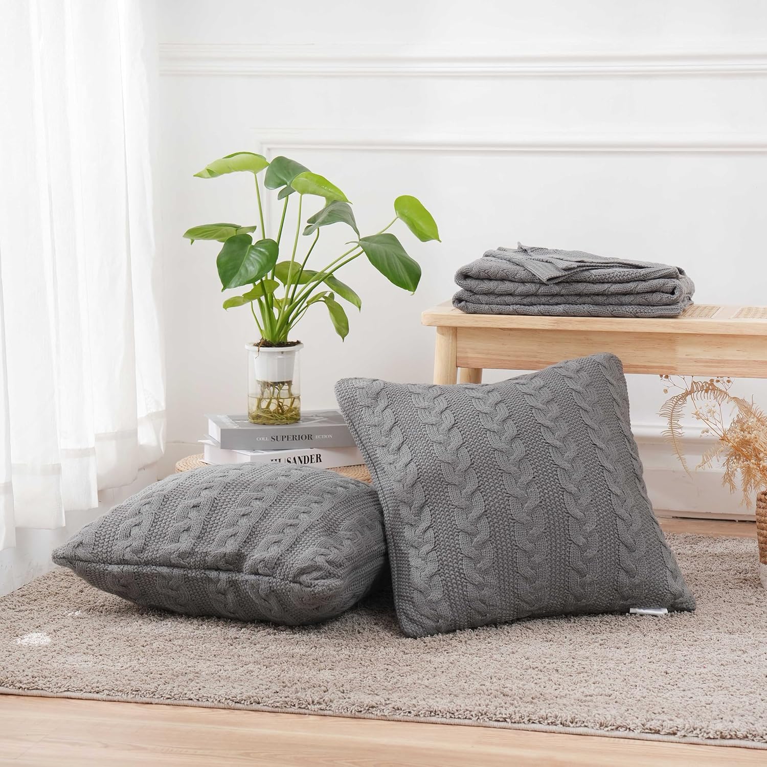 Almohadas de 20 x 20 pulgadas, almohadas de sofá con inserto suave y forma cuadrada de flor de cable, almohadas decorativas para sofá, cama, sala de