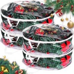 Contenedor de almacenamiento de corona de Navidad de 30 pulgadas y 24 pulgadas, paquete de 4 bolsas de almacenamiento transparentes para coronas de Contenedor de almacenamiento de corona de Navidad de 30 pulgadas y 24 pulgadas, paquete de 4 bolsas de almacenamiento transparentes para coronas de