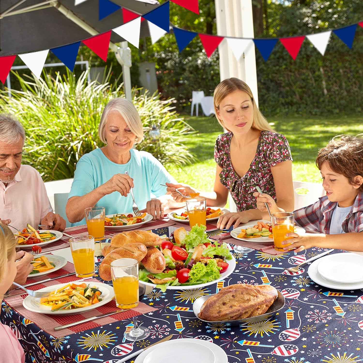 4th of July Table Cloth Vinyl Tablecloth 60×84 Inch Rectangular-Plastic Memorial Day Table Cover Printed with Fireworks and Balloons for Patriotic