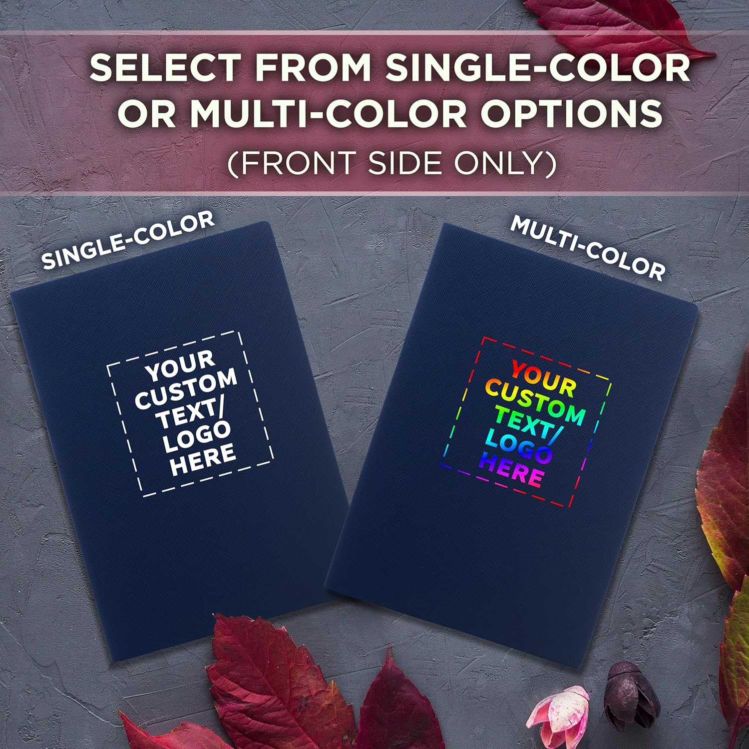 DISCOUNT PROMOS Charleston Soft Bound – Paquete de 6 diarios con texto personalizable, logotipo, papel marfil, punteados, líneas, con marcapáginas,