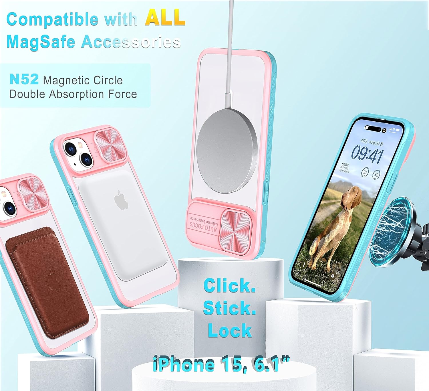 Funda transparente compatible con iPhone 15 MagSafe Funda deslizante para lente de cámara, imanes fuertes Anti amarilleo Parte trasera de acrílico