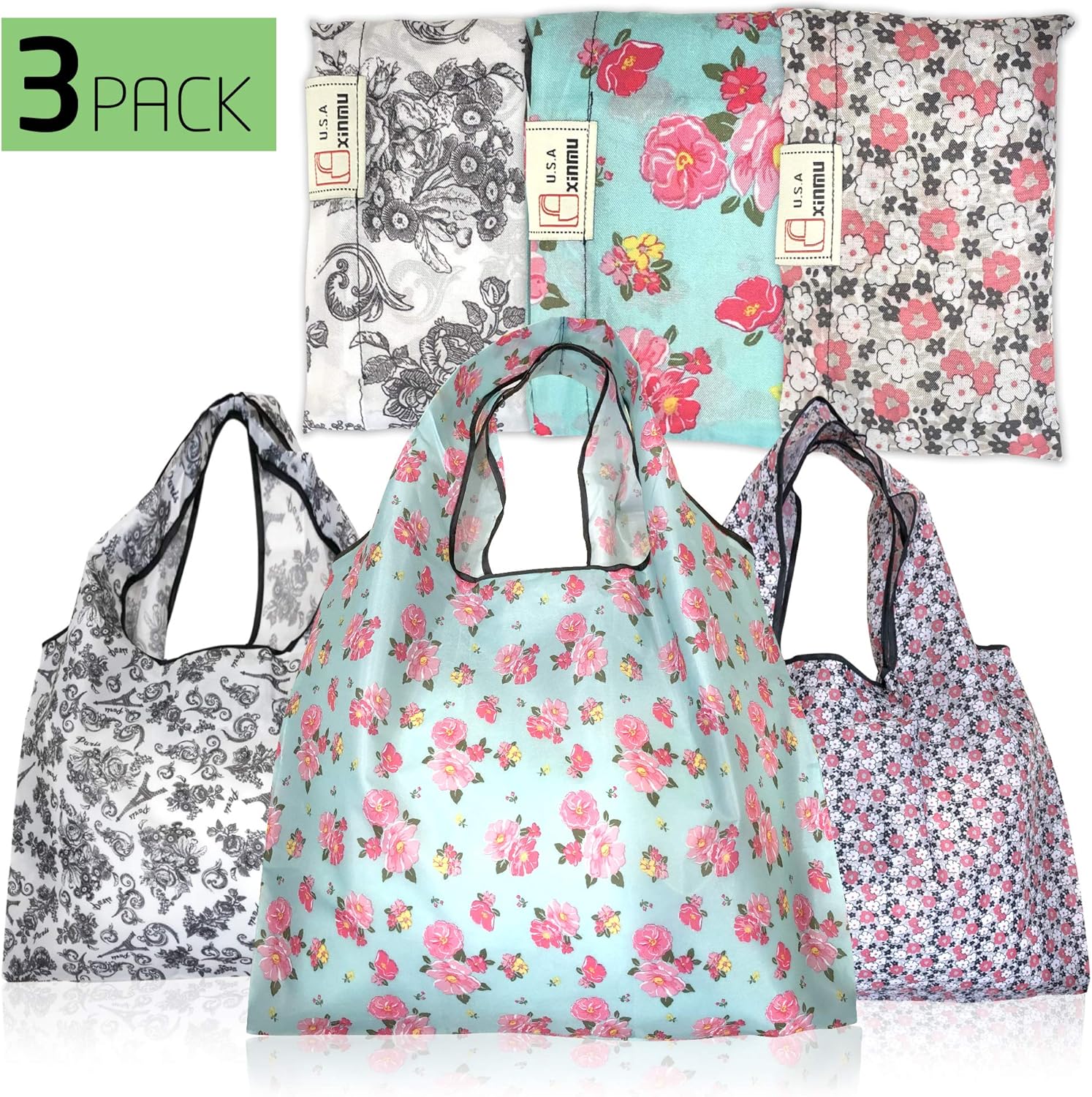 Bolsas de comestibles reutilizables plegables paquete de 3 bolsas de compras XXL de 50 libras, lavables, duraderas y ligeras., Max#3