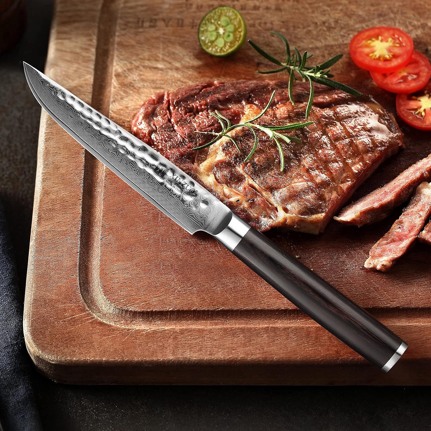 XINZUO Juego de cuchillos para carne de 5 pulgadas, 4,67 capas forjados de damasco con caja de regalo, ultra afilados, mango de madera de Pakka