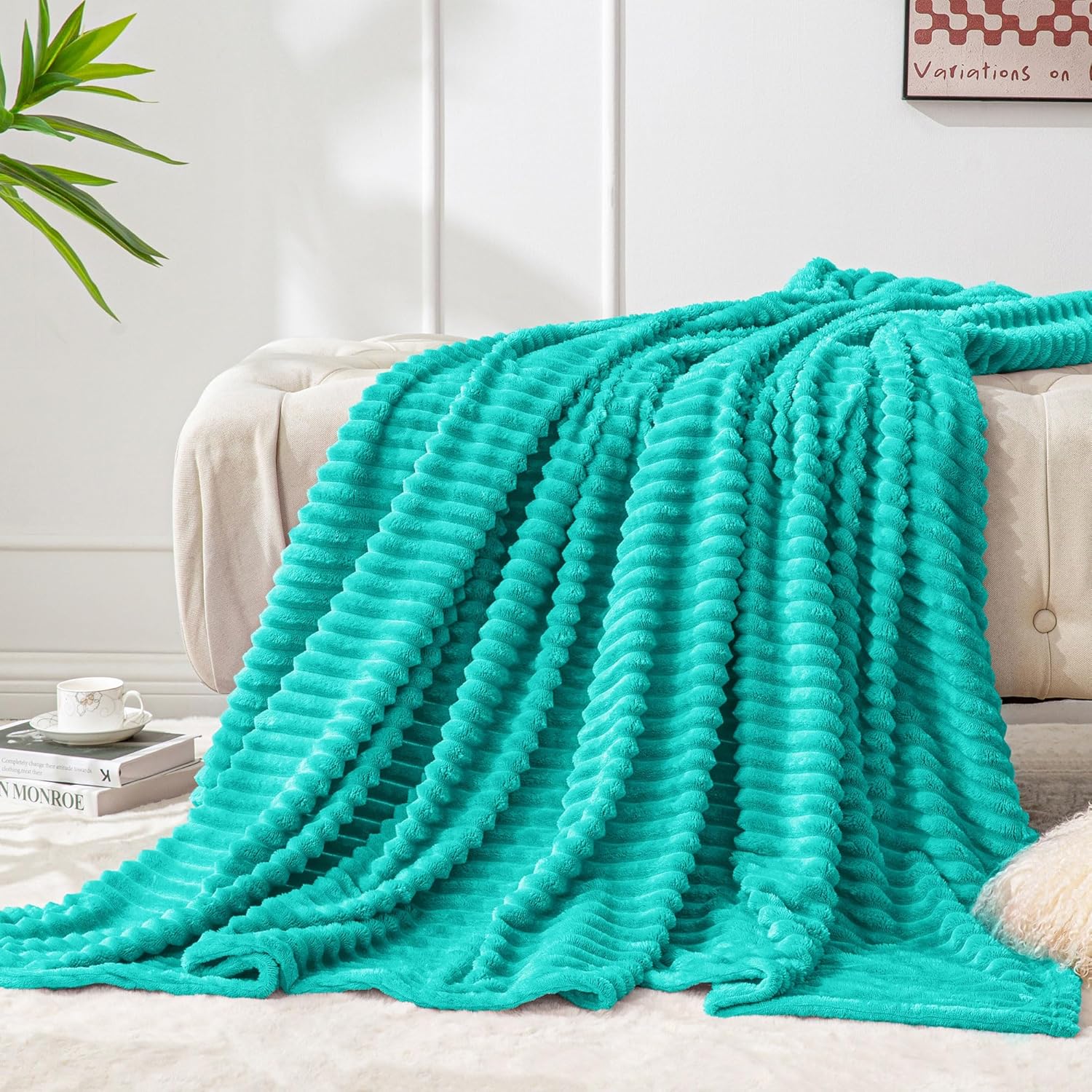 BEDELITE Manta de vellón tamaño individual  Manta decorativa mullida de jacquard acanalado en 3D, suave y cálida, acogedora, esponjosa, ligera de