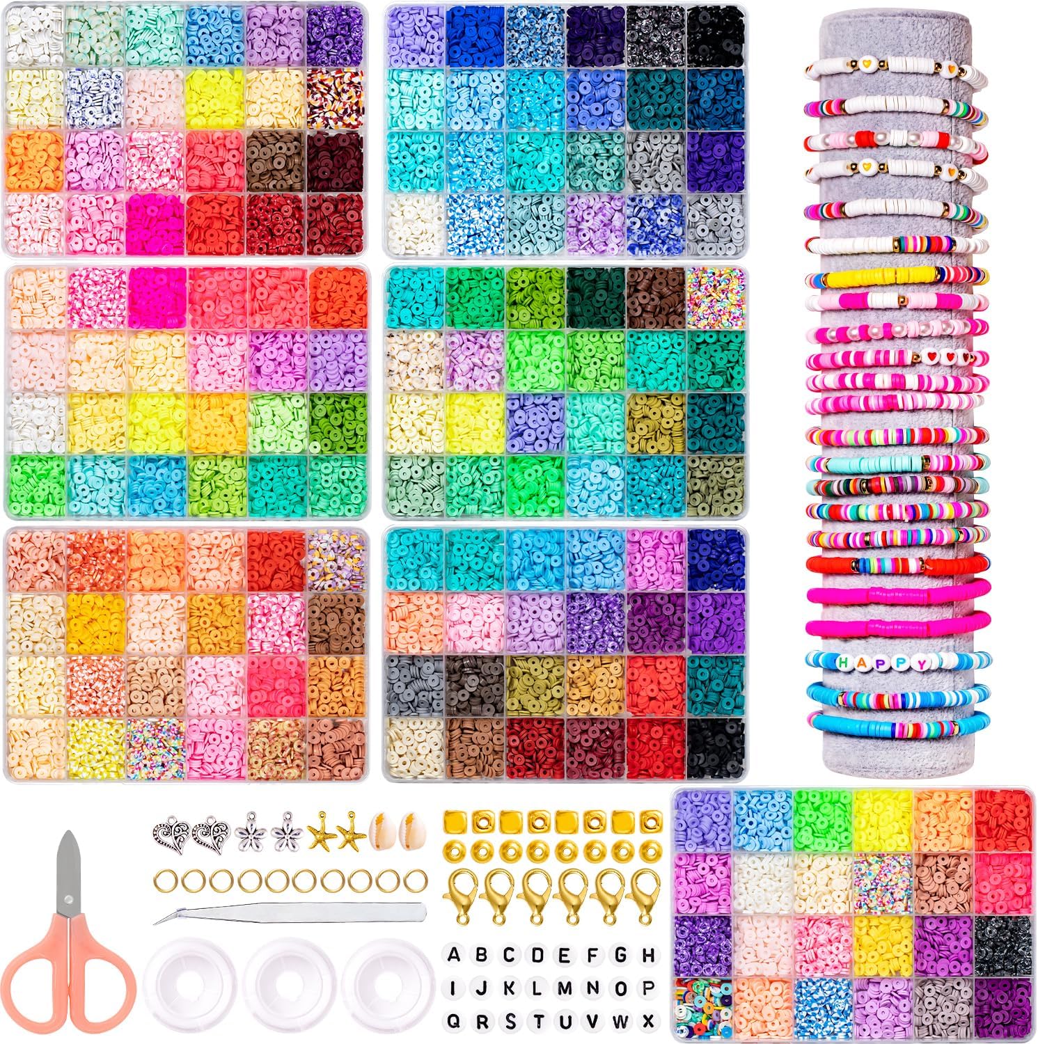 Ybxjges Kit de 22400 cuentas de arcilla para hacer pulseras, kit de cuentas de arcilla polimérica de 168 colores, cuentas heishi planas para niñas