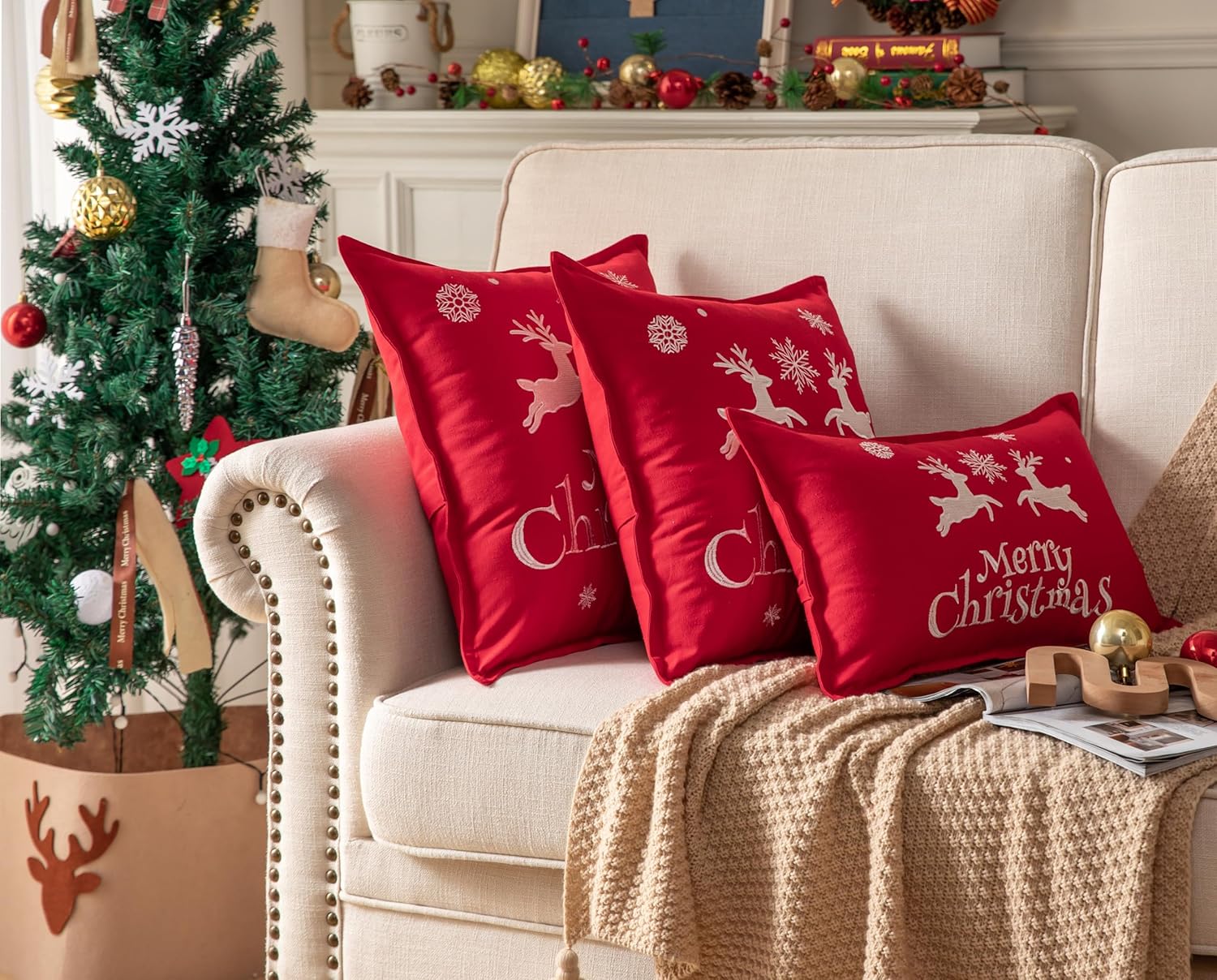 Juego de 2 fundas de almohada navideñas de 18 x 18 pulgadas, juego de 2 fundas de almohada bordadas para decoraciones navideñas, decoración moderna