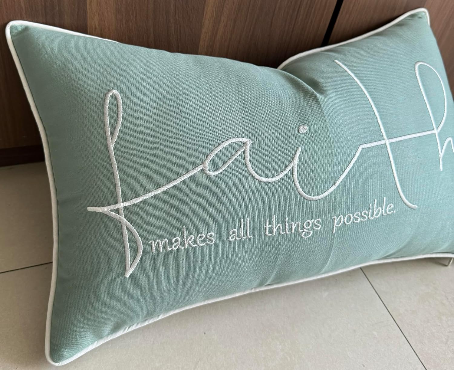 Rudransha Faith Sentiment – Funda de almohada decorativa bordada, decoración para el nuevo hogar, sofá, silla, 12 x 20 pulgadas, color verde azulado