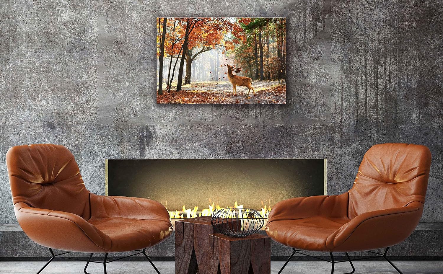 TEKMENT Arte de pared de bosque otoñal de ciervos para sala de estar, hermoso lienzo Sika Wild Animal en la mañana con hojas que caen, decoración de