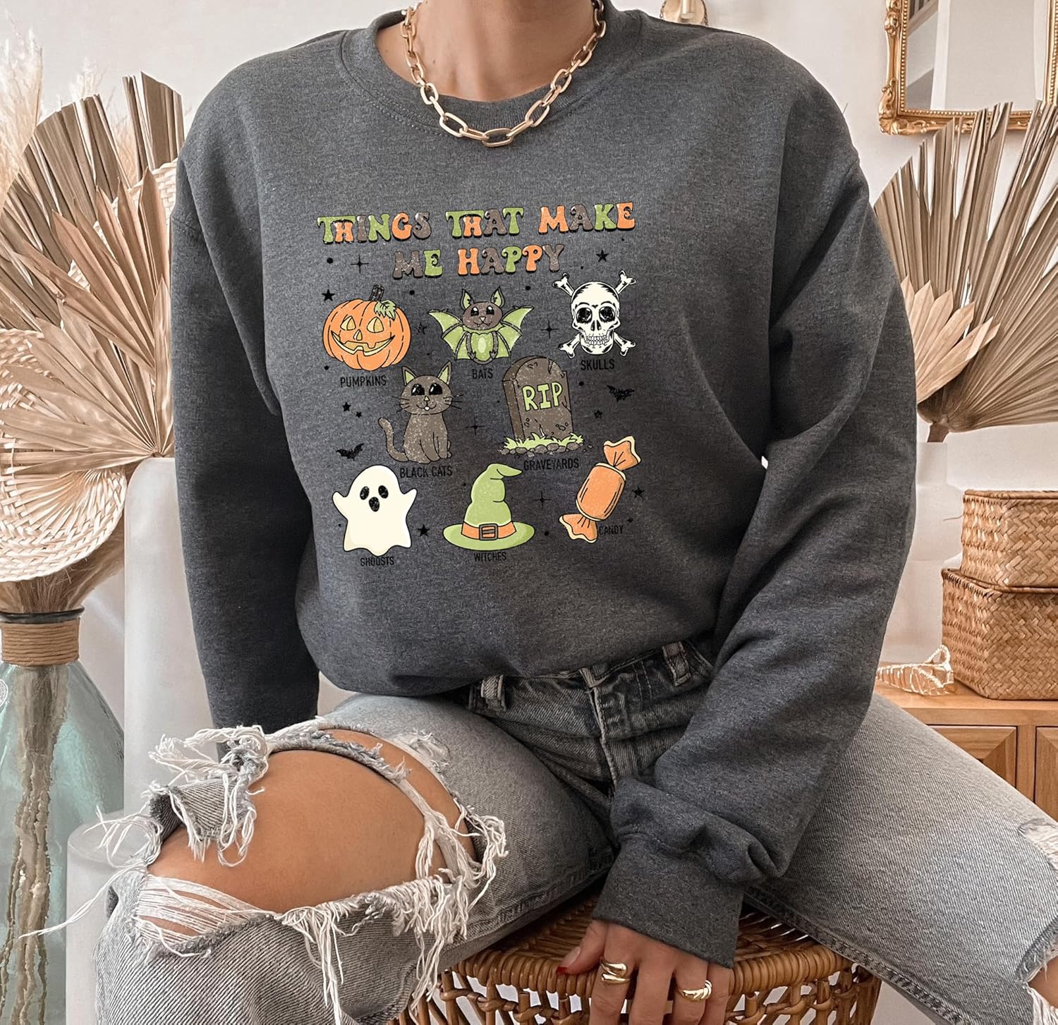 ElixirStreet Halloween Hoodies, Retro Things That Make Me Happy Halloween Sweatshirt, Cute Halloween, Graphic Tee, Cute Spooky, Skull Sweater,