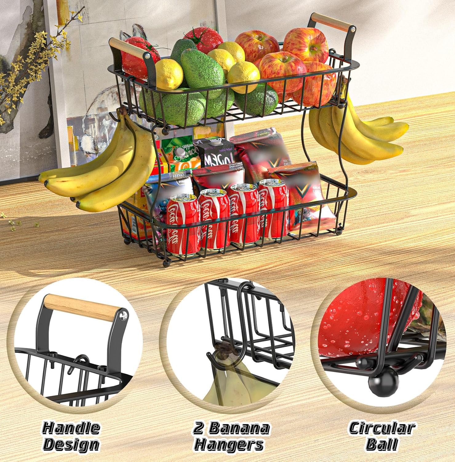 Cesta de frutas de 2 niveles para encimera de cocina con 2 ganchos para plátanos, cuenco de frutas para encimera de cocina, soporte grande para
