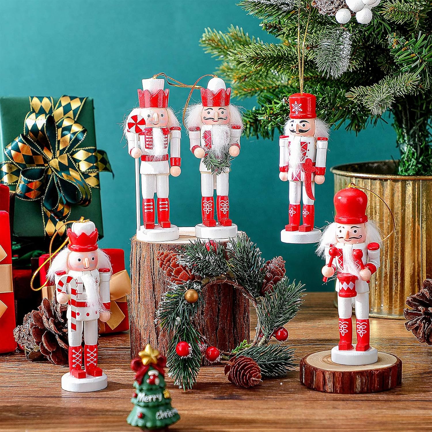 Juego de 5 adornos de cascanueces de Navidad, figuras de soldado de madera de bastón de caramelo con purpurina de 5 pulgadas, decoración colgante de