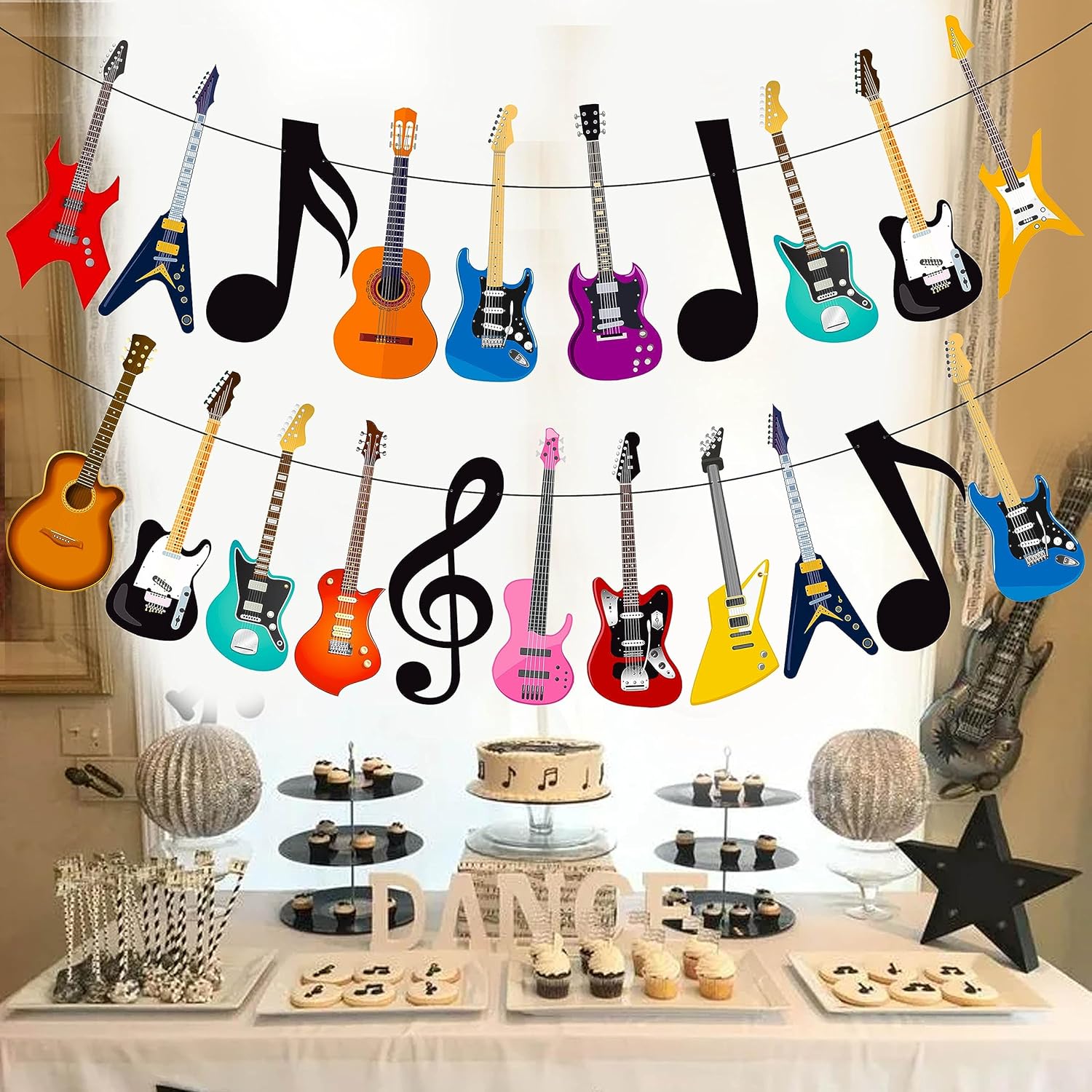 Cartel de guitarra con música, guitarra, fiesta, decoración de fiesta de cumpleaños, 2 unidades, pancartas de fiesta musical para guitarra de rock,