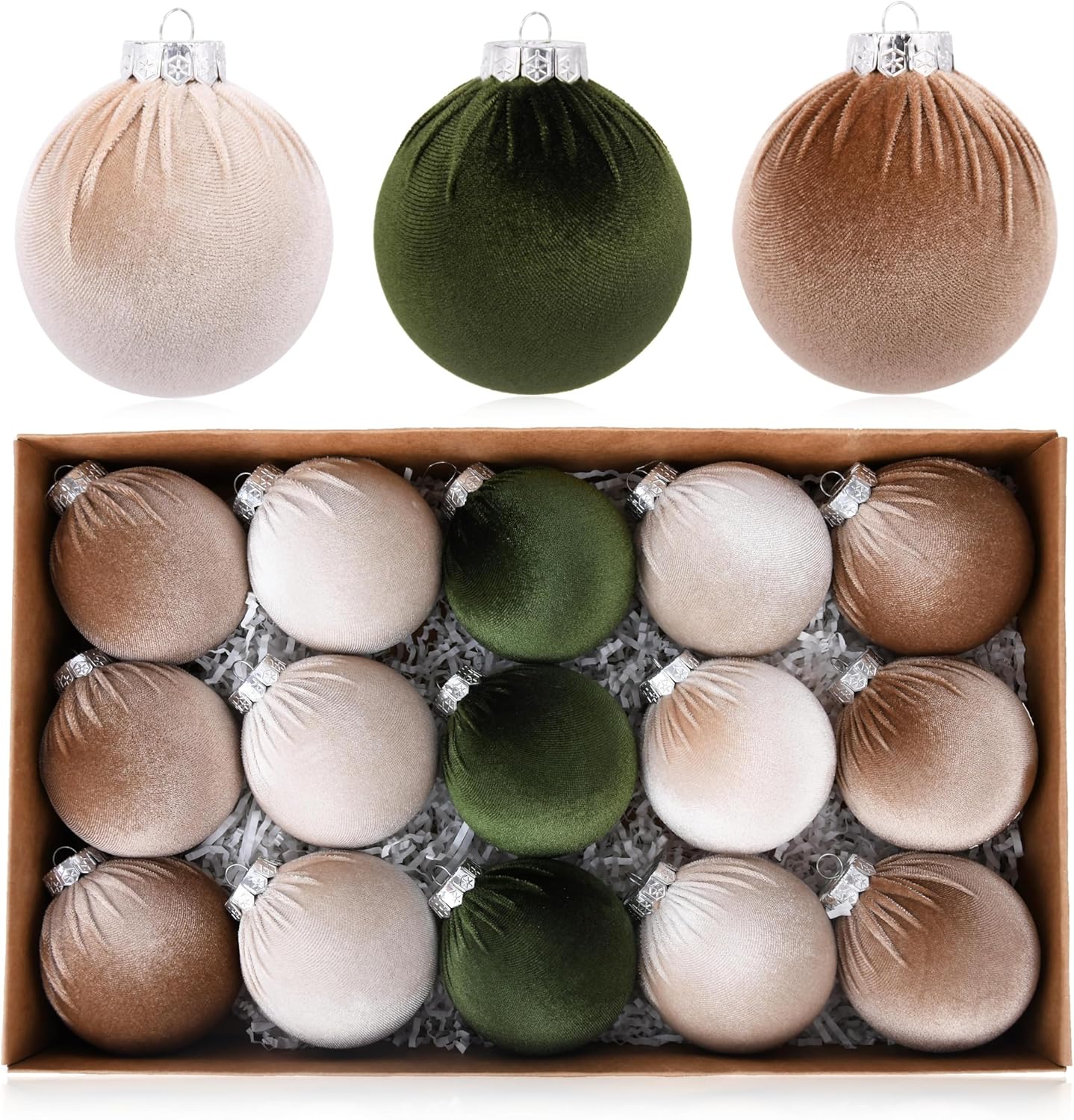 Bolas de terciopelo para árbol de Navidad, paquete de 15 bombillas de Navidad inastillables, multicolor, verde, marrón, neutro, 3.150 in, 3.15
