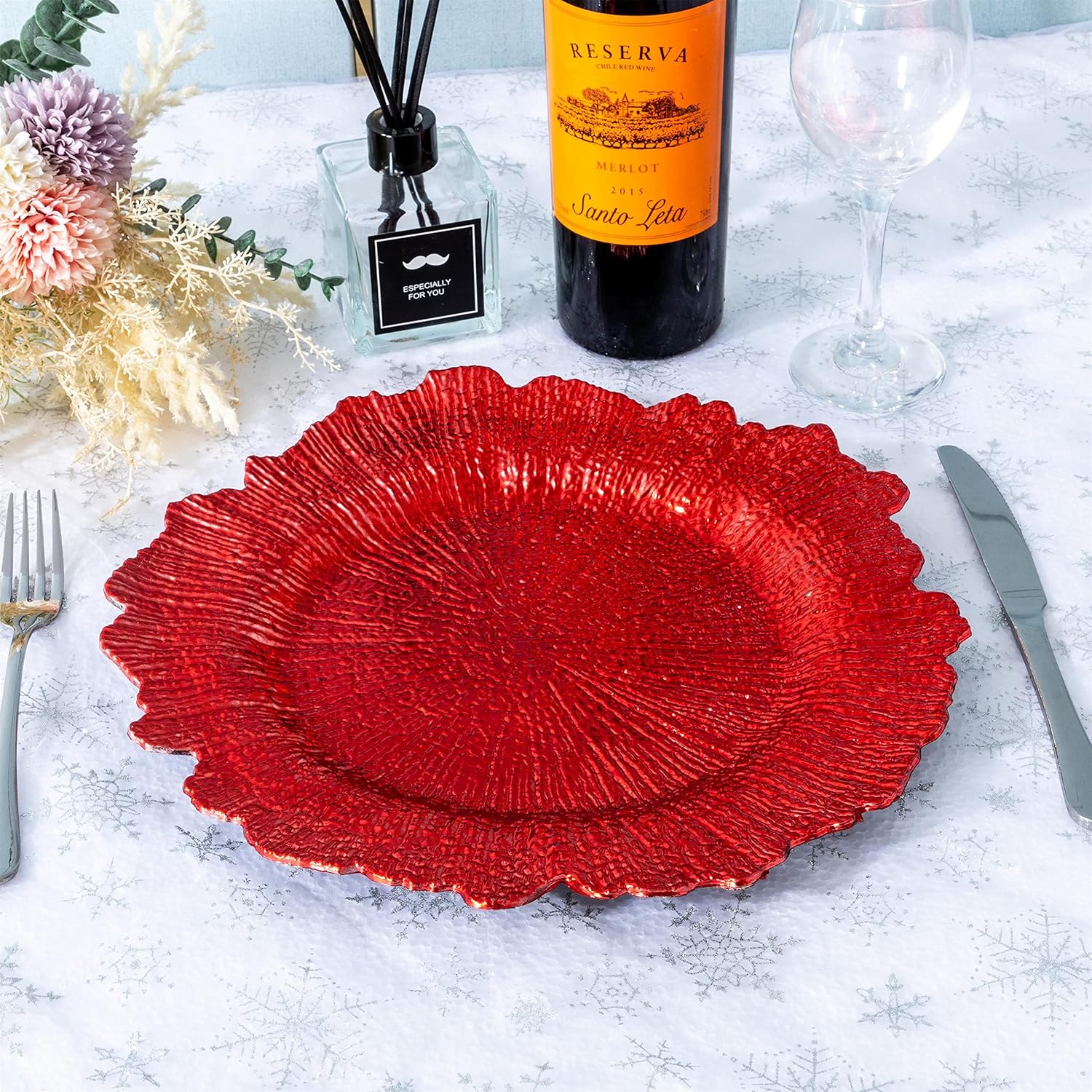 Juego de 6 platos rojos redondos de 13 pulgadas, cargadores de arrecife de plástico para platos de cena, suministros de boda para todas las