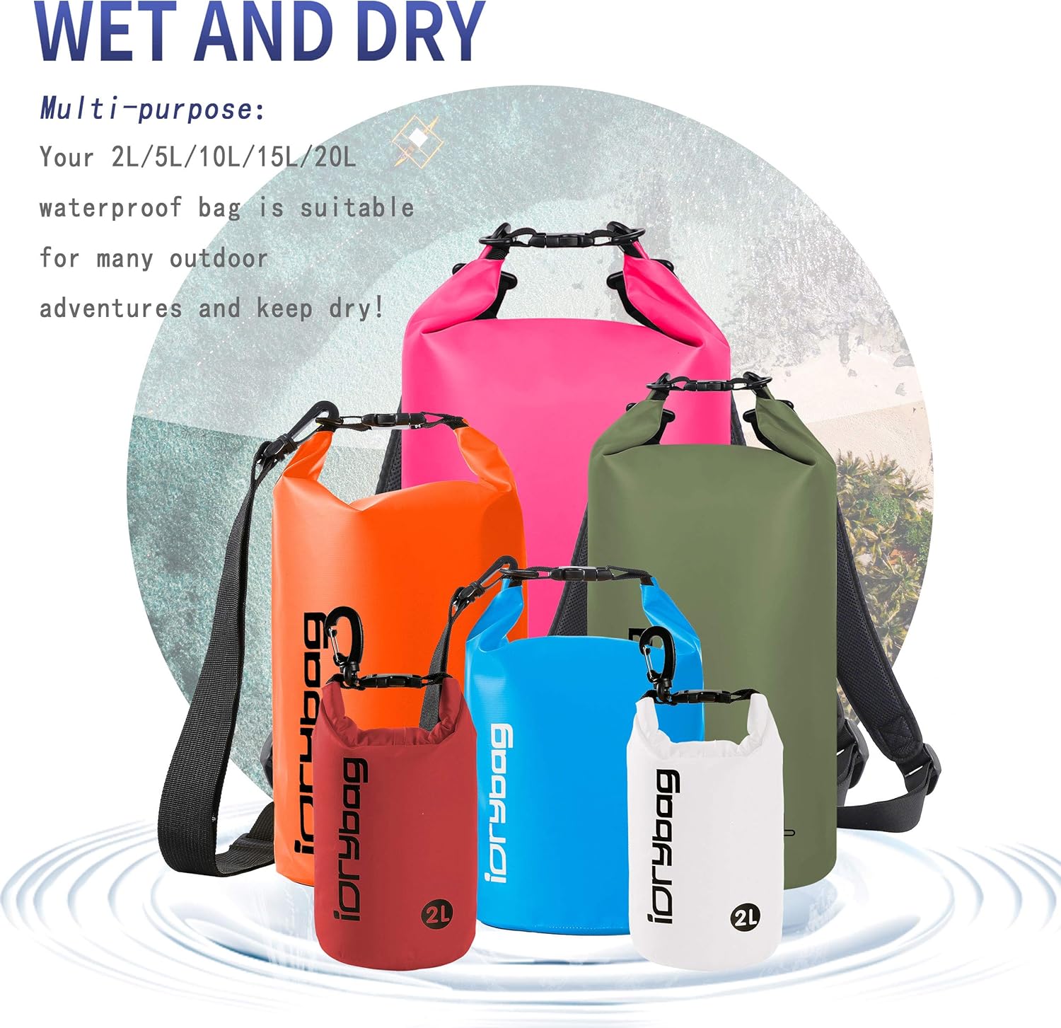 IDRYBAG Bolsas secas para kayak impermeables 2L5L10L15L20L, pequeña bolsa seca impermeable flotante, bolsa impermeable para viajes de paddleboarding