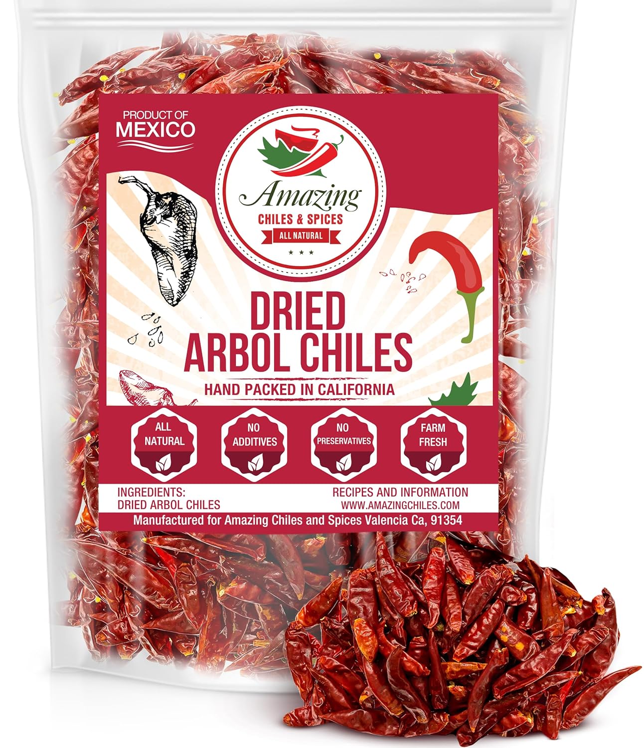 Chile De Arbol 8oz – Pimientos rojos enteros secos, sin tallo de primera calidad, bolsa resellable. Uso en platos mexicanos, chinos y tailandeses.