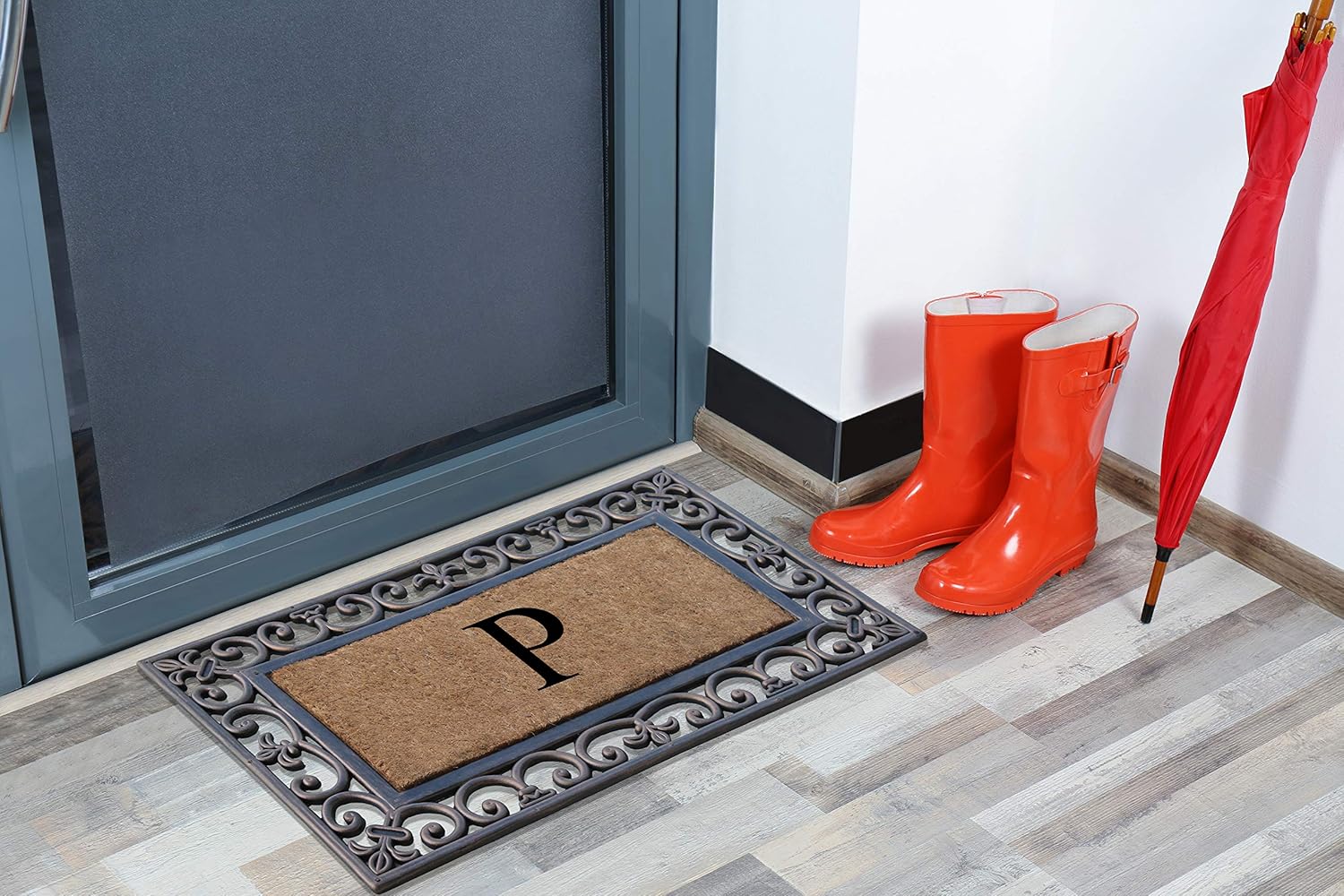 A1HC – Felpudo con monograma de goma natural y fibra de coco de 18 x 30 pulgadas, para puerta delantera, tratamiento antidesprendimientos, duradero,