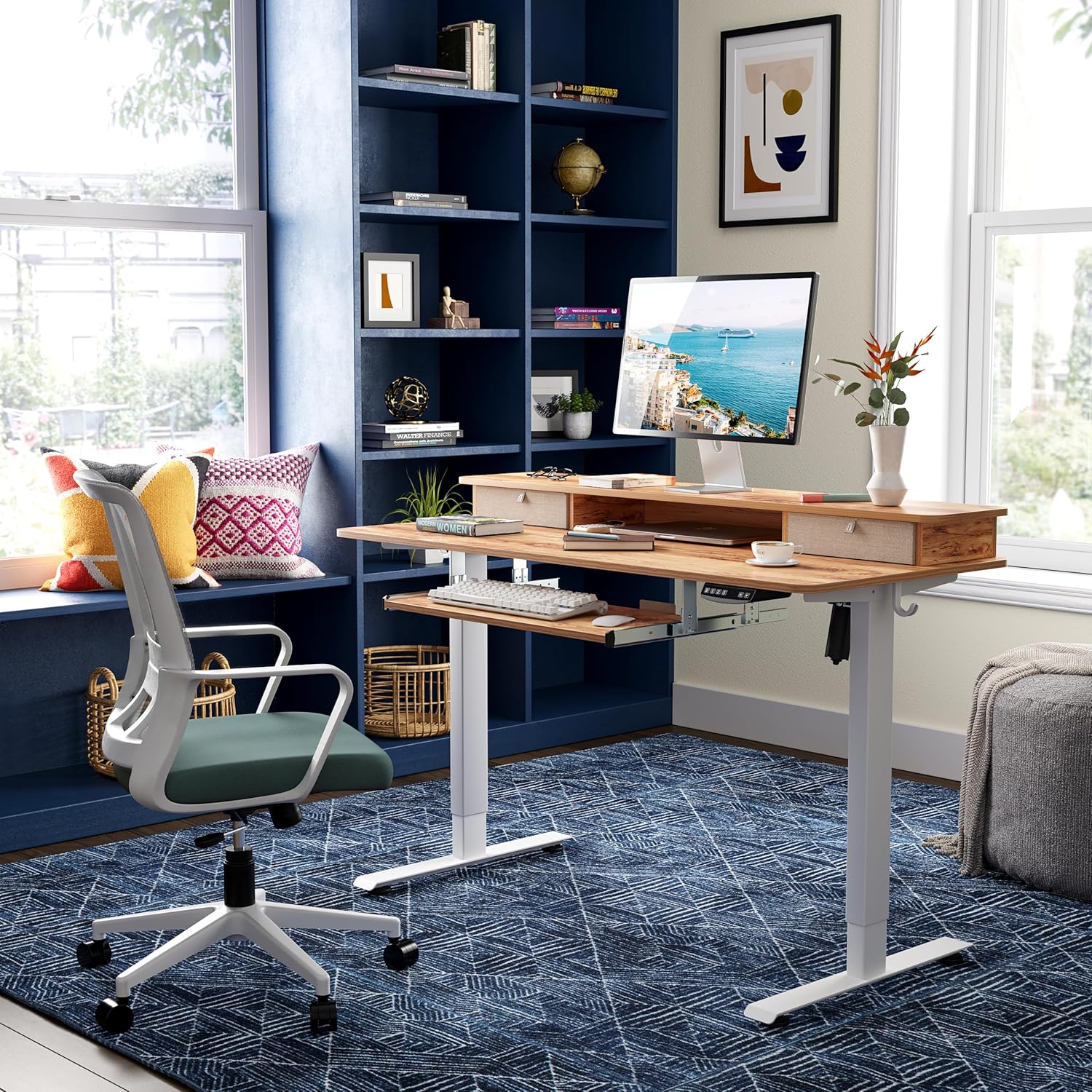 FEZIBO Escritorio eléctrico de pie ajustable en altura con bandeja para teclado, mesa de pie de 48 x 24 pulgadas con estante de almacenamiento,