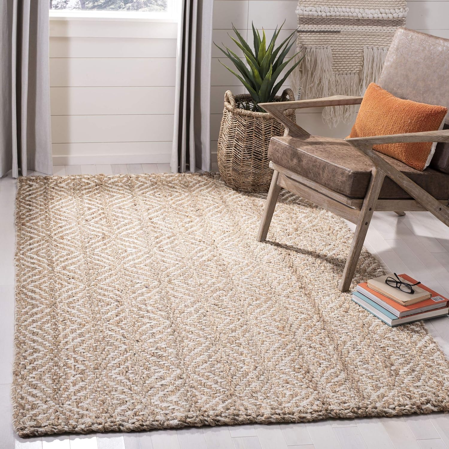 SAFAVIEH Alfombra de área de la colección de fibra natural, 5 x 8 pies, natural y marfil, hecha a mano de yute tejido bohemio, ideal para zonas de