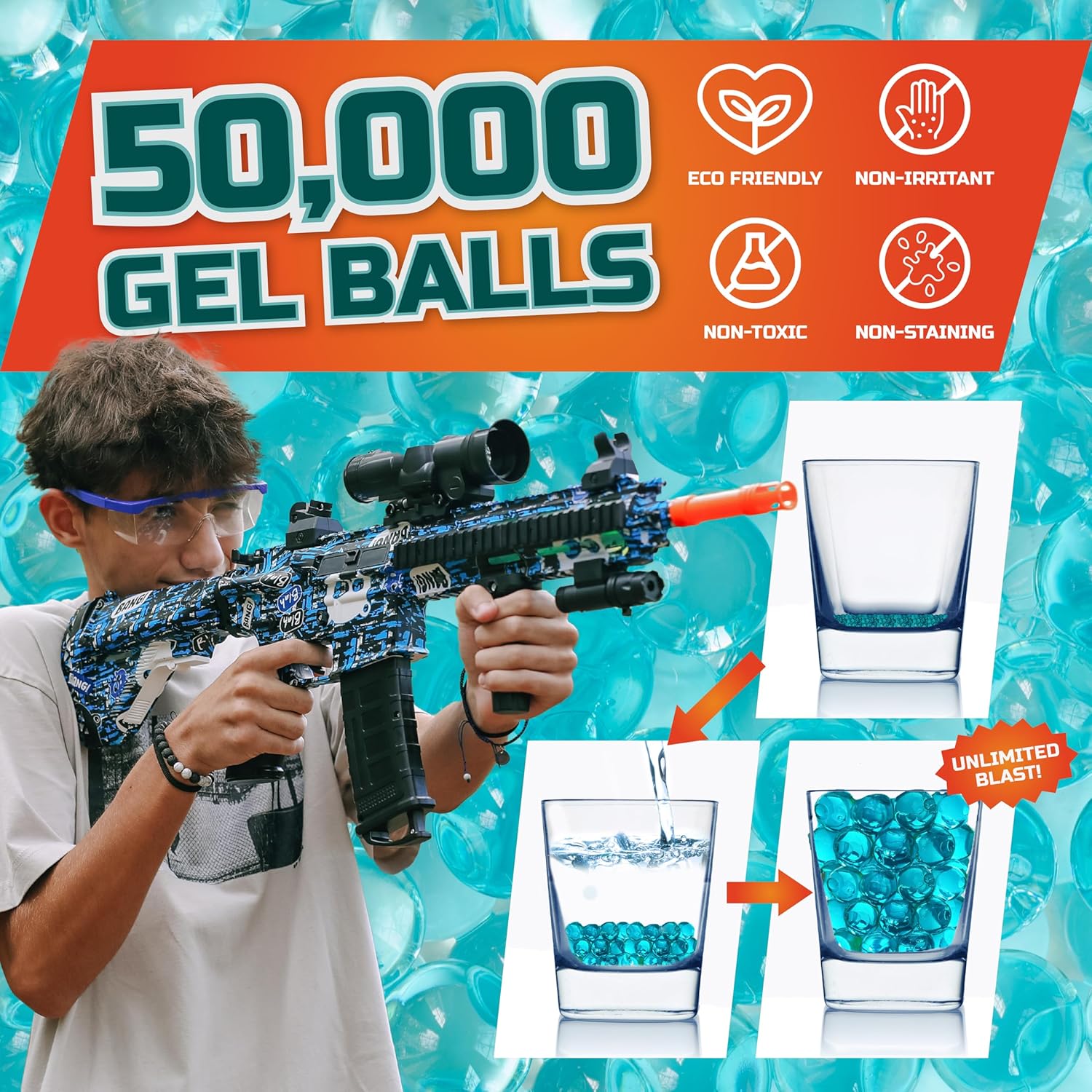 Juguete eléctrico de bolas de gel, lanzador automático de bolas de salpicaduras ecológico, con 50000 cuentas de agua y gafas, para actividades al