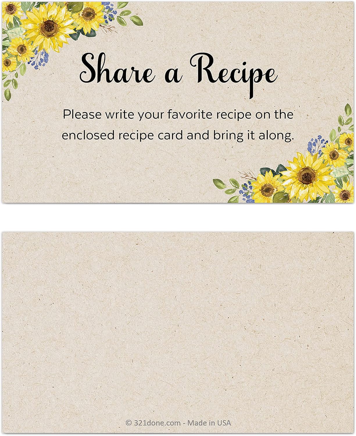 321Done Tarjeta de girasol para compartir una receta (juego de 50) 3.5 x 2  Kraft  Tarjeta de solicitud de receta pequeña para invitación de