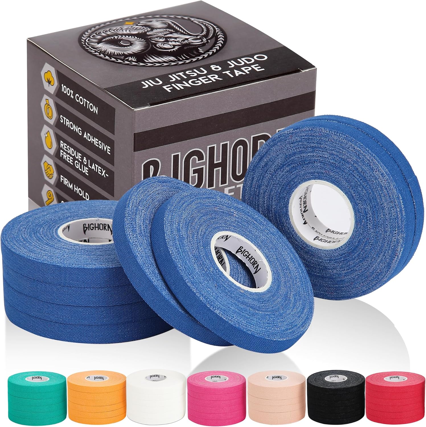 Bighorn Athletics Cinta para dedos Jiu-Jitsu, 0.3 pulgadas x 45 pies, 8 rollos (azul) – Cinta versátil para artes marciales, escalada y más