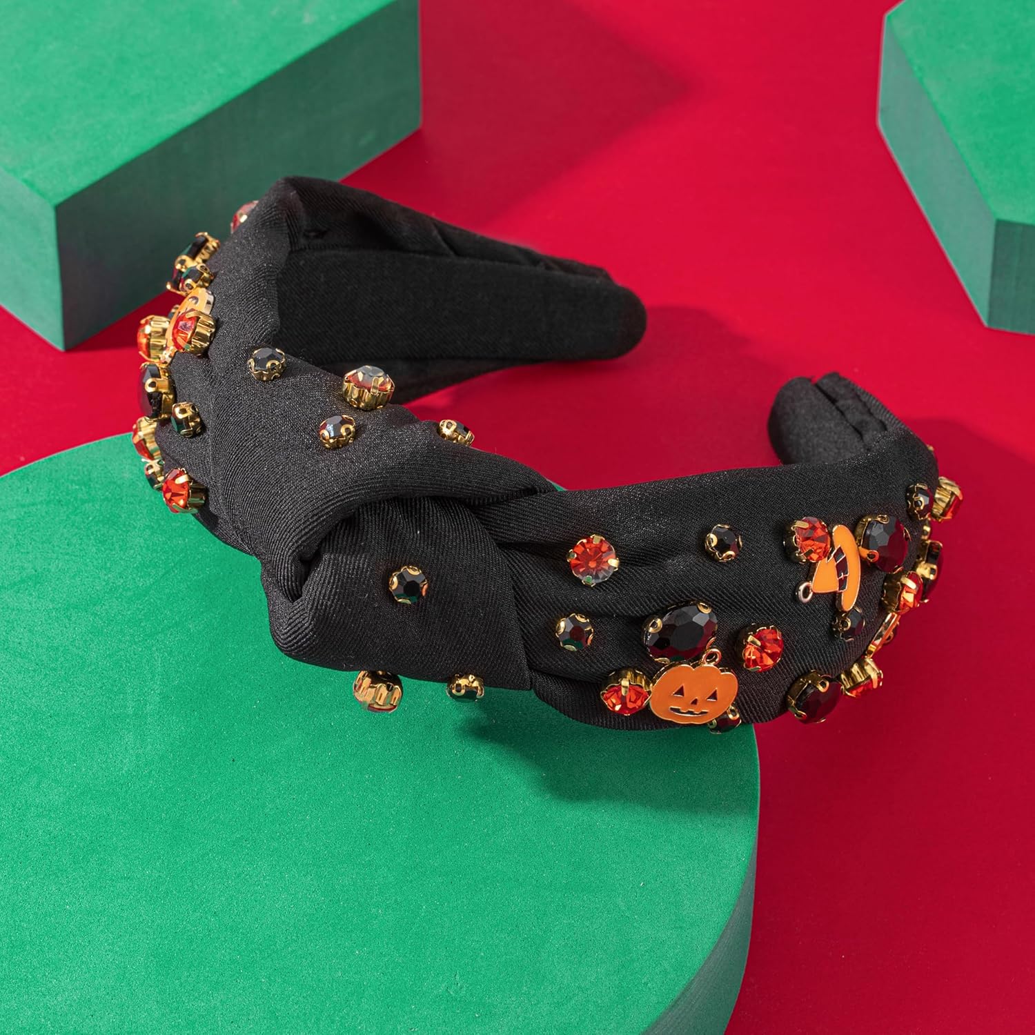 Diadema anudada con diamantes de imitación de Halloween para mujer, sombrero de calabaza de Halloween, adornado con parte superior mixta, banda