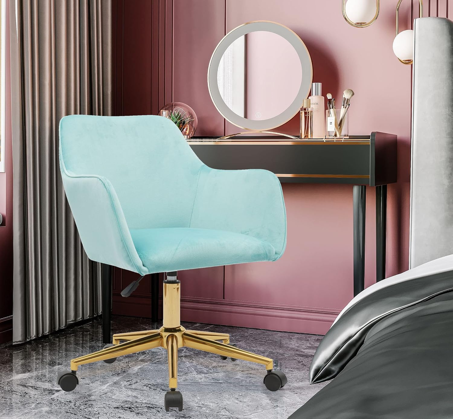 Yoluckea Silla moderna de terciopelo para oficina en casa, silla giratoria ajustable para sala de estar, bonita silla de escritorio para