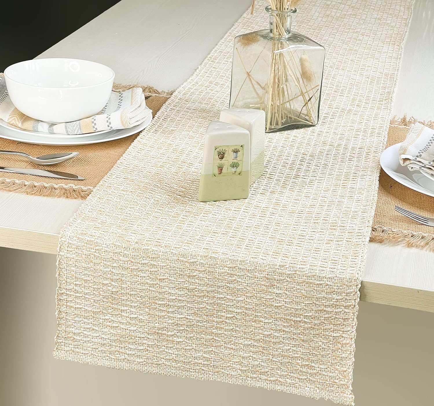 CHARDIN HOME Camino de mesa de algodón reciclado beige neutro, camino de mesa tonal tejido a mano, 13×72 pulgadas, ideal para uso diario, fiestas,