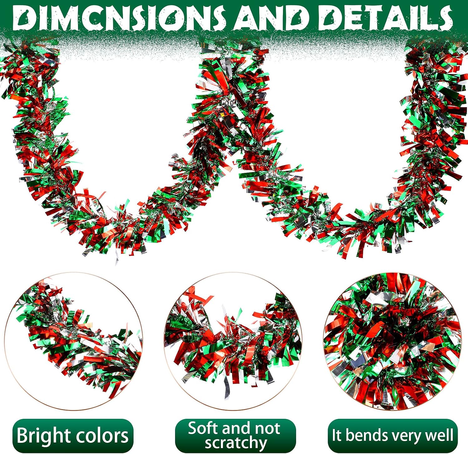 Guirnalda de oropel de Navidad de 200 pies, decoración de árbol de Navidad, guirnalda de oropel con brillantina, guirnalda metálica para colgar al