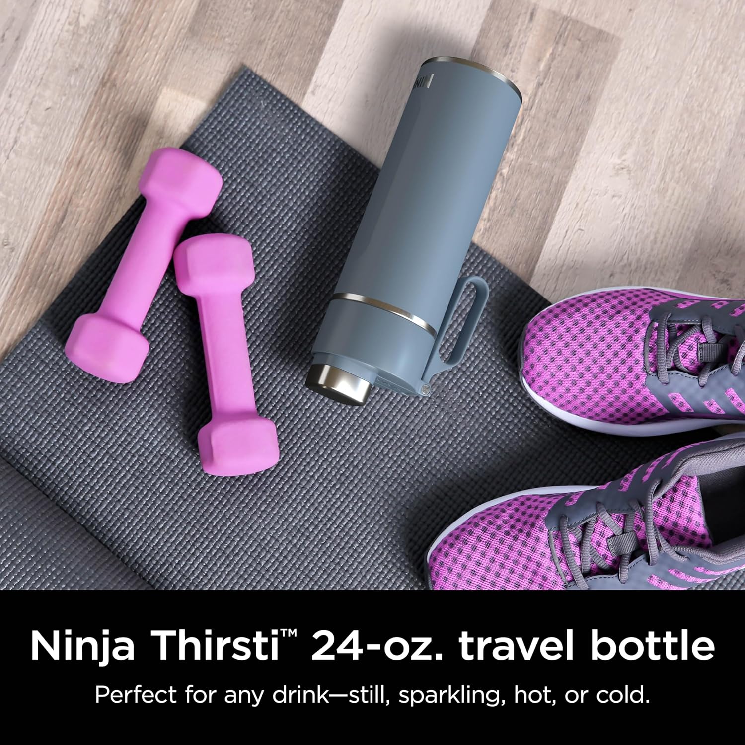 Ninja DW2401BL Thirsti – Botella de agua de viaje de 24 onzas, para bebidas gaseosas carbonatadas, más frías y espumosas durante más tiempo, a