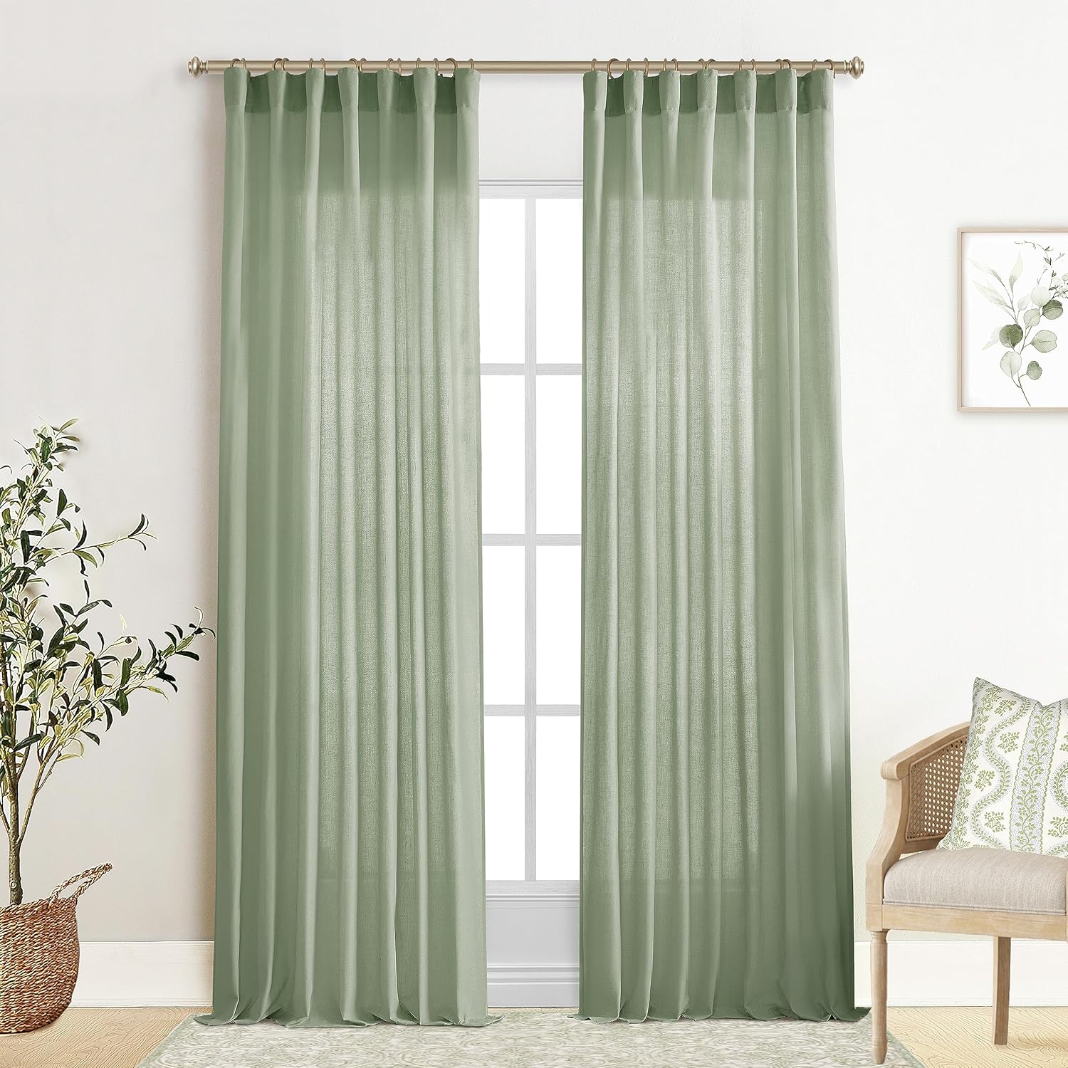 XTMYI Cortinas de lino verde salvia de 84 pulgadas de largo con cortinas opacas de flores silvestres de acuarela verde salvia y gris de 84 pulgadas
