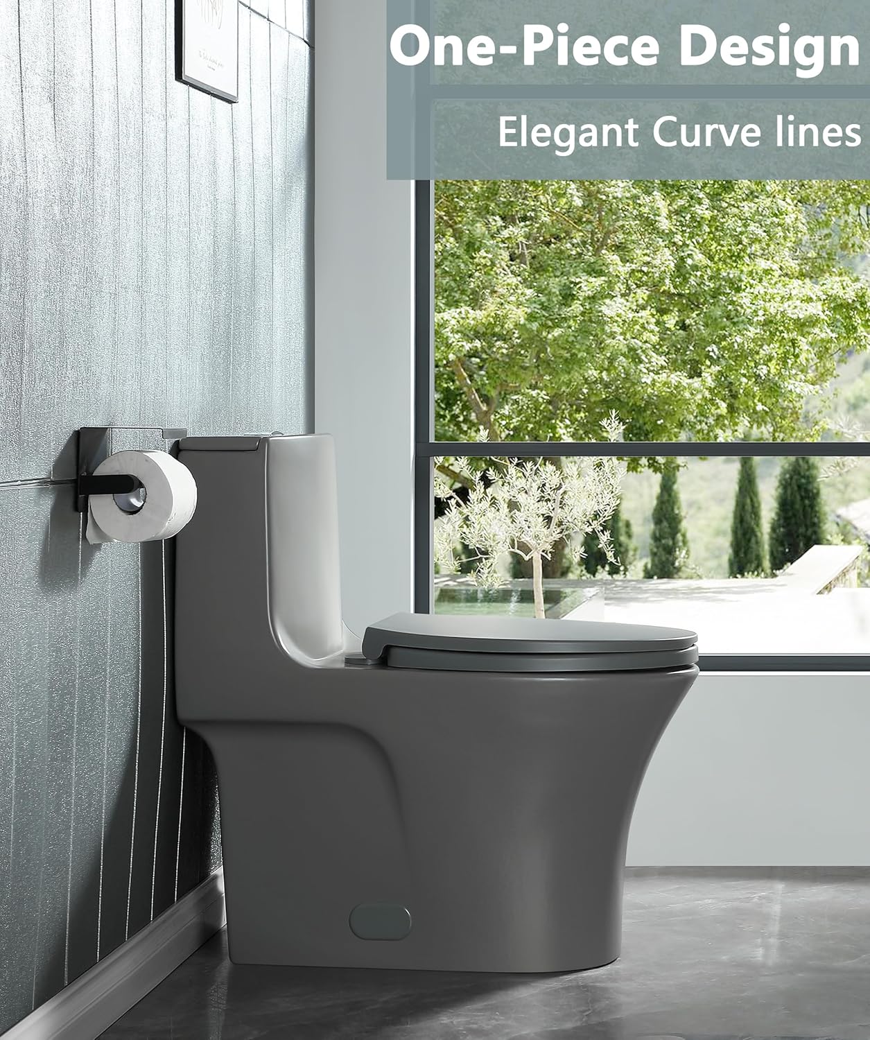 Inodoro de una pieza de doble descarga alargado estándar moderno inodoro 1.11.6 GPF asiento de cierre suave ahorra agua potente y silencioso – gris,