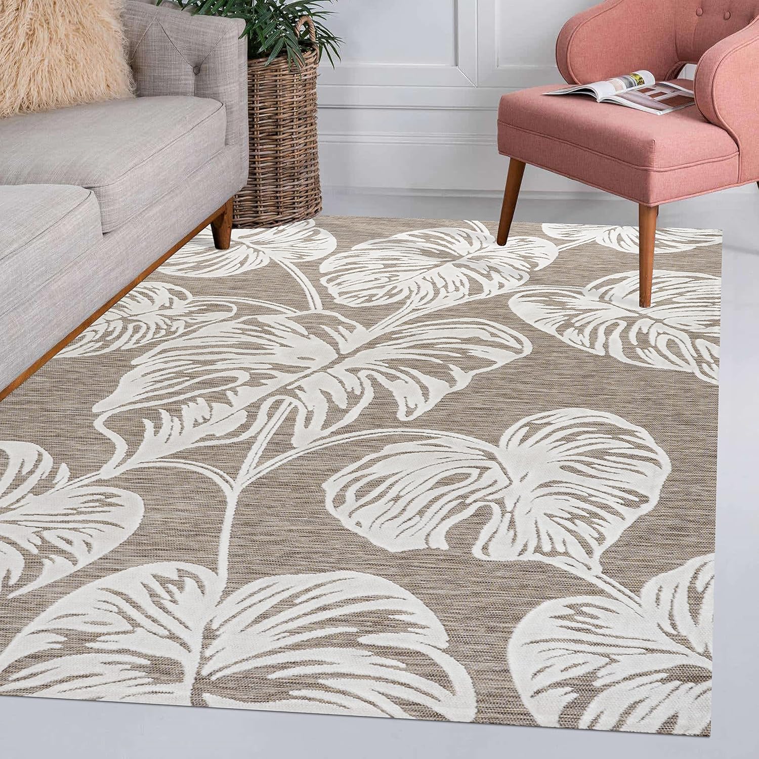 Eyely CWH100B-3 Hawaii Tobago – Alfombra de dos tonos con hoja de Monstera para interiores y exteriores, bohemia moderna, para dormitorio, cocina,