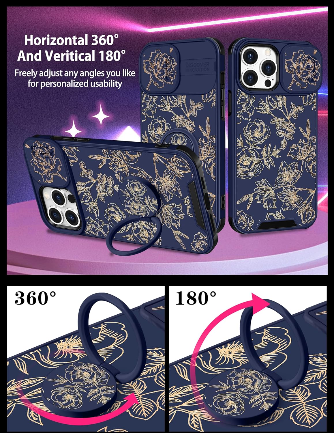 Goocrux Funda 2 en 1 para iPhone 15 Pro Max con flores florales para mujeres y niñas, bonita funda femenina con diseño de flores doradas con