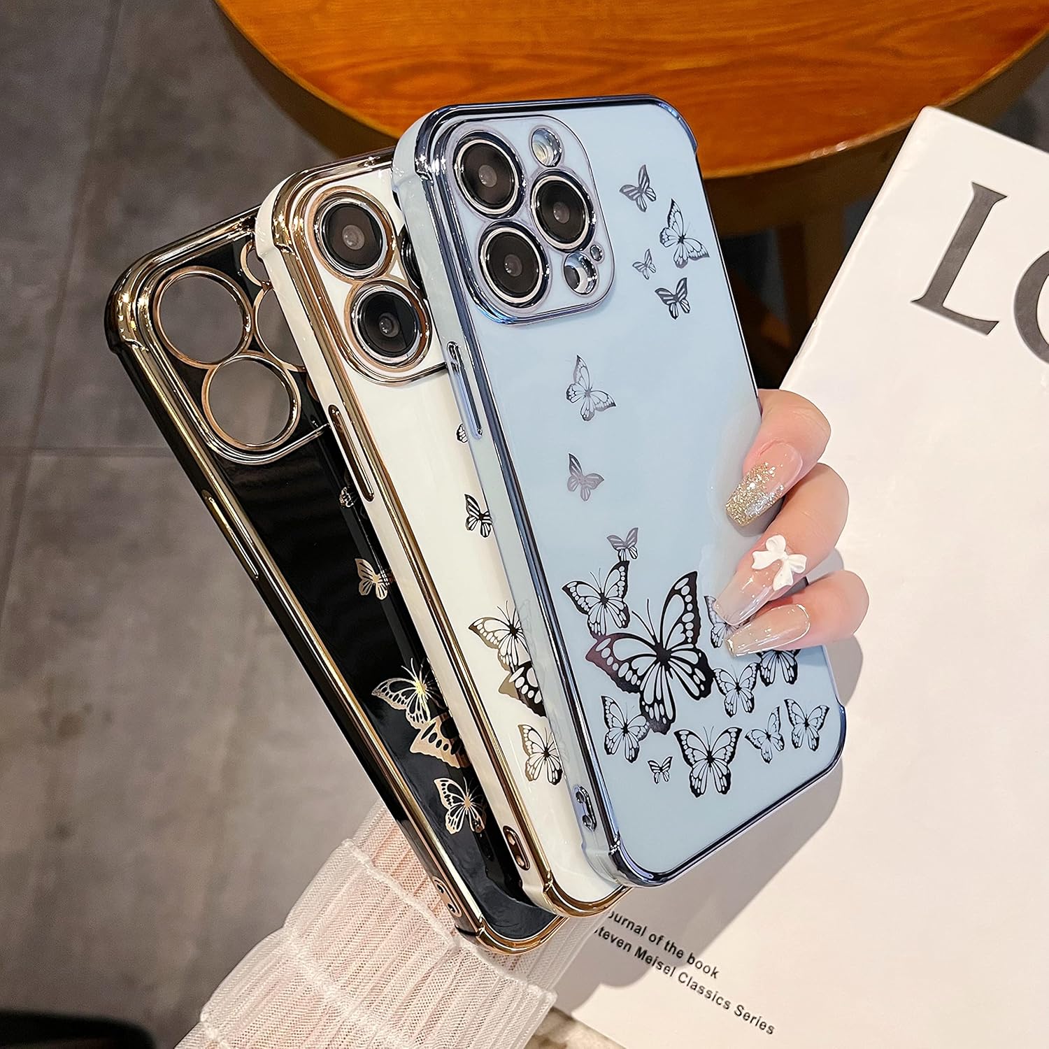 ZTOFERA Funda protectora para iPhone 14 Pro, funda protectora para mujeres, linda mariposa galvanizada, borde dorado, a prueba de golpes, delgada,